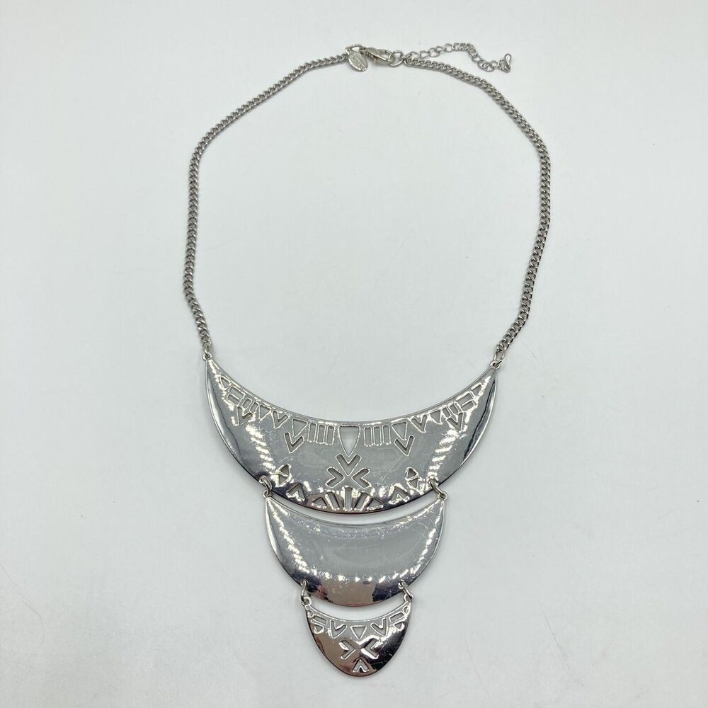 EXPRESS Silver Tone Boho Cut-Out Geometric Panel Bib Necklace Statement Tribal